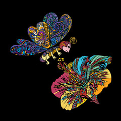 Obrazy na Szkle  Kolorowa grafika liniowa latającego motyla z chińskim kwiatem róży