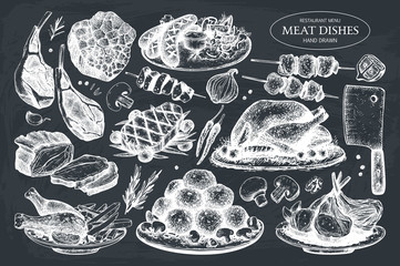 Vector collection of hand drawn meat illustration. Restaurant or butchery design elements. Vintage food sketch set on chalkboard.