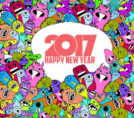 Happy new year 2017. Hand Drawn Monsters and cute doodle Style