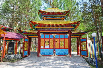 Nilova Pustyn, Russia - June, 11 2016: Gate to Burhan baabay - Buddhist datsan in Nilova Pustyn