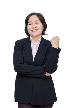 Middle aged asian woman smiles over white background
