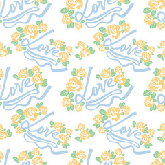 Seamless pattern with single word "love" and roses silhouettes. Original custom hand lettering. Vector clip art.