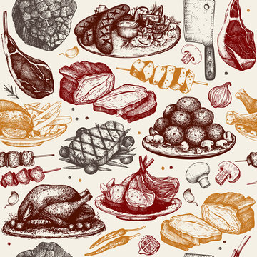Vector seamless pattern with hand drawn meat illustration. Restaurant or butchery design. Vintage background with food sketch.