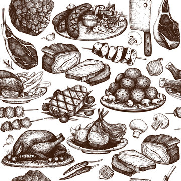 Vector seamless pattern with hand drawn meat illustration. Restaurant or butchery design. Vintage background with food sketch.