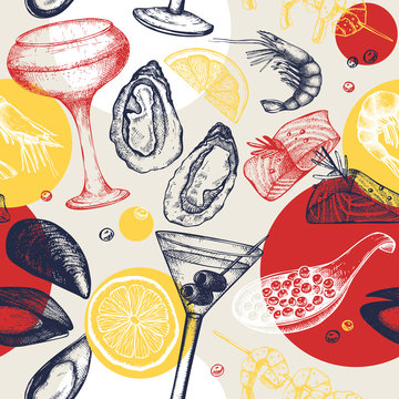 Vector seamless pattern with seafood and cocktails sketch. Abstract background with sea food specialties. Creative design for restaurant or cafe menu with vintage elements.