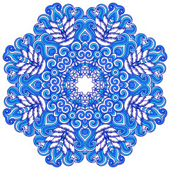 Blue mandala in the shape of snowflakes. Abstract winter pattern. Handmade Vector blue on a white background. Ethnic pattern in oriental style.

