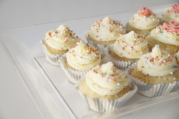 Obraz na płótnie Canvas cupcakes with butter cream and multi-colored candy sprinkles in cups on a transparent tray on a white background