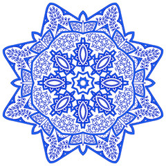 Blue mandala in the shape of snowflakes. Abstract winter pattern. Handmade Vector blue on a white background. Ethnic pattern in oriental style.
