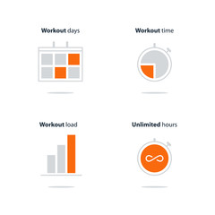 Sports gym, workout session, daily schedule arrangements, icons set