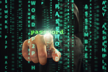 hacker at work with graphic user interface around