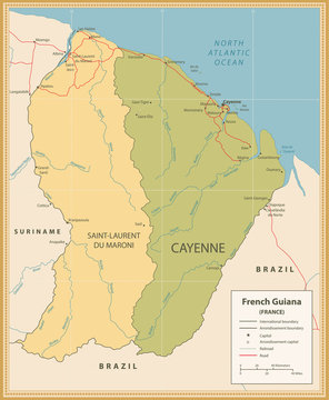 Vintage color Map of French Guiana with roads and rivers