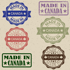 Fototapeta premium Set of grunge Canada maple leaf rubber stamp icons.Made in Canada stamp vector illustration set.