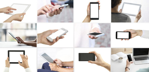 Hand holding mobile phone and digital tablet , collage of different photos