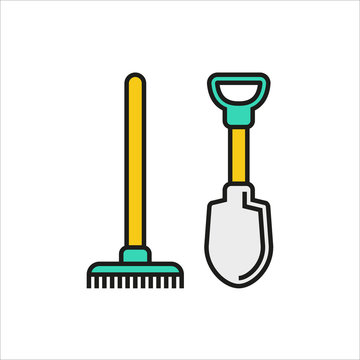 Shovel and rake icon isolated on white background