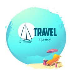 Vector linear logo for travel agency isolated on summer sea holiday green background with water, sunbed, umbrella, bag and sun cream stand on sand beach. Yacht flat icon.