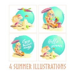 Summer cartoon illustration. Little cute baby girl portrait.