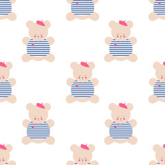 Teddy bear seamless pattern. Cute cartoon french style dressed teddy bear vector illustration on white background. Baby shower background. Fashion design for textile, wallpaper, web, fabric, decor etc