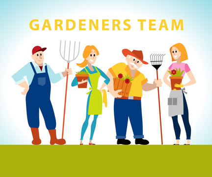 Vector flat profession characters. Human profession icon. Friendly, happy people portrait.  Gardening team, florist work group, people set. Cartoon style.
