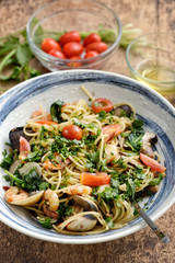 Seafood spaghetti with rustic setup