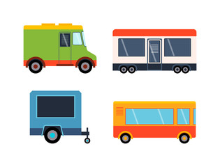Street food festival color trailers labels set, van restaurant. Cafe urban food truck trailers, mobile market, event and transport. Vector illustration food truck trailers, fast delivery service.