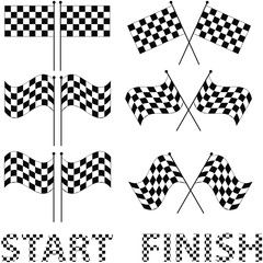 Checkered flags set for racing and autosport design, such a logo. Words - the start and finish made of white and black squares, vector for print or design