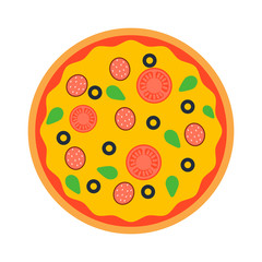 Delicious italian pizza isolated. Pizza top view vector, Pizza crust, dinner, tomato and fast food. Traditional slice meat basil vegetable pizza food.
