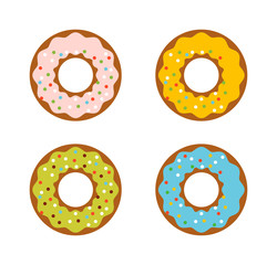 Cute sweet colorful donut. Chocolate or cream yummy cookie donuts food. Candy decoration color donut cake isolated fast food.