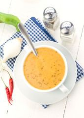 overhead shoot of spicy vegetable soup with chili