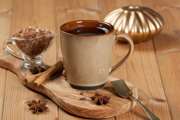 Cup Of Tea Or Coffee. Spices. Olive Tree Board. Wooden Table.