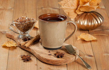 Cup Of Tea Or Coffee. Spices. Olive Tree Board. Wooden Table. Au