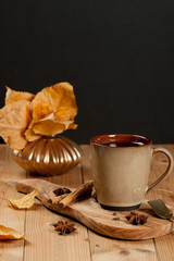 Cup Of Tea Or Coffee. Spices. Olive Tree Board. Wooden Table. Au
