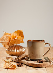 Cup Of Tea Or Coffee. Spices. Olive Tree Board. Wooden Table. Au