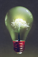 Fototapeta premium light bulb with the light tree growing inside on dark background,illustration,digital painting