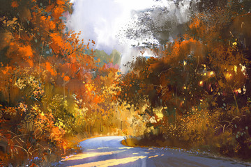 Obraz premium pathway through the colorful forest,autumn landscape painting,illustration