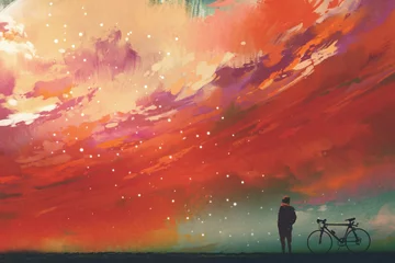 Foto auf Acrylglas man with bicycle standing against red clouds in the sky,illustration,digital painting © grandfailure