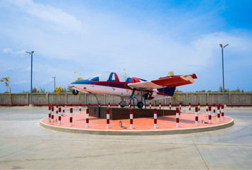 display of airplane on blue sky background.