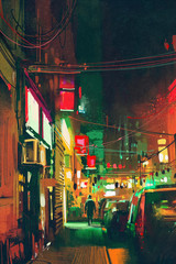 sidewalk in the city at night with colorful light,digital painting