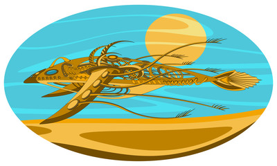 Fantastic flying and floating mechanism with wings, resembling a fish or a bird. Futuristic or steampunk tattoo design. Isolated vector collapsible composition.