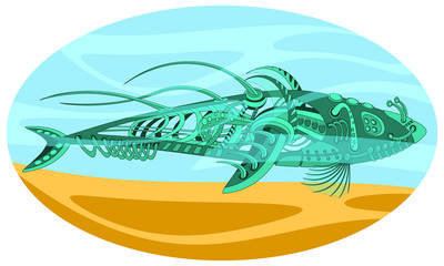 Fantastic floating mechanism reminiscent of a shark. Futuristic or steampunk tattoo design. Isolated vector collapsible composition.