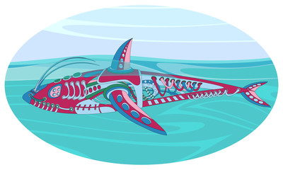 Fantastic floating mechanism reminiscent of a shark. Futuristic or steampunk tattoo design. Isolated vector collapsible composition.