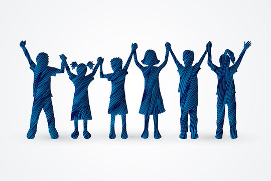 Children holding hands designed using blue grunge brush graphic vector.