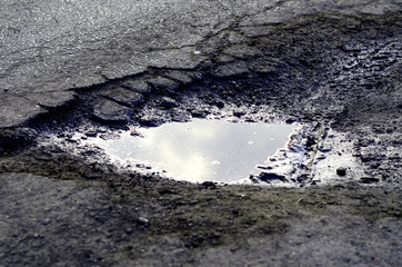 Hole in the road filled with water