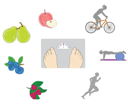 a person on the scales. around sport (jogging, cycling, fitness ball) and fruits (apple, pear, blueberry, raspberry) to help with obesity. vector illustration