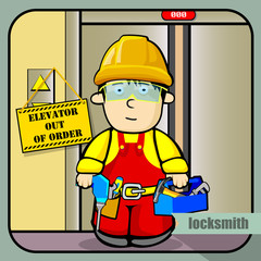 Vector person character portrait. Locksmith portrait isolated on unpainted fence background. Cartoon style. Human profession icon.