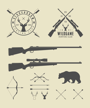Set of vintage hunting labels, logo, badge and design elements.