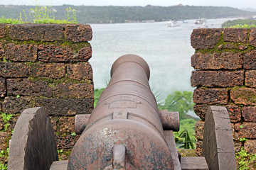 Antique historic canon used by the Portuguese during their occupation of Goa, India, used against intruders and attackers