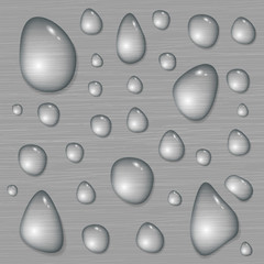 Big Water drops on a brushed metal background. Rain condensation on a bright steel, iron, aluminum surface template. Liquid droplets. Light clean dew, rainy day, abstract techno vector illustration.