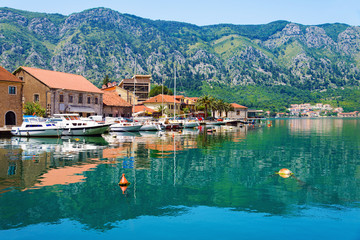 Bay of Kotor (Boka Kotorska) old town with yachts, Montenegro.