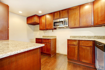 Nice wooden kitchen room interior with granite counter tops