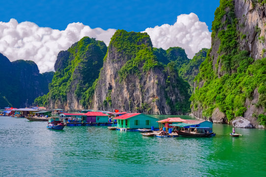 Floating village near rock islands in Halong Bay, Vietnam